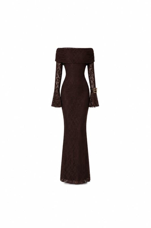 Off-Shoulder Evening Dress with Bell Sleeves.