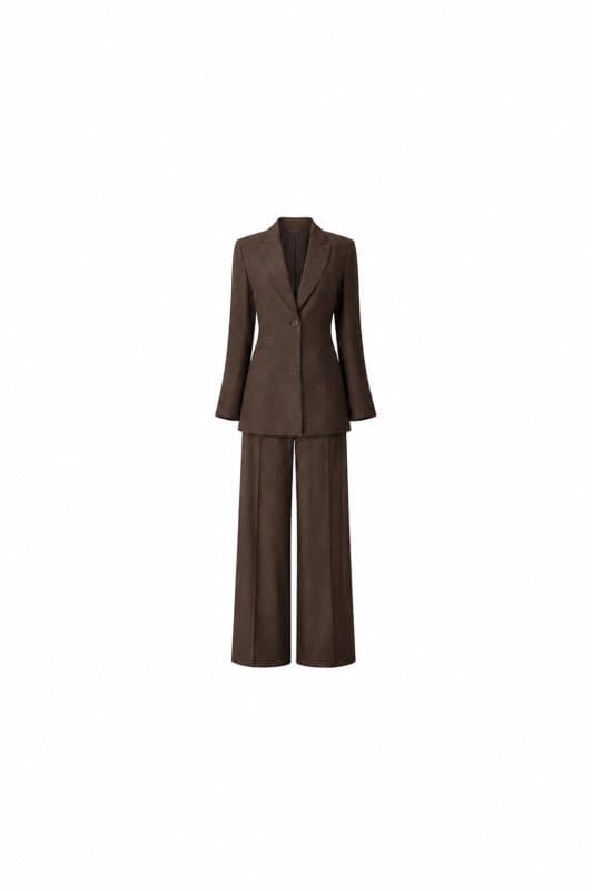 Women's Brown Pinstripe Suit with Sequin Embellishments - Long Blazer & Wide-Leg Pants.