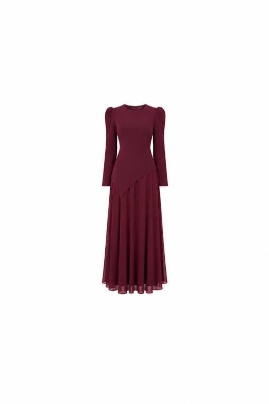 Burgundy Evening Maxi Dress with Asymmetric Bodice and Puff Shoulders