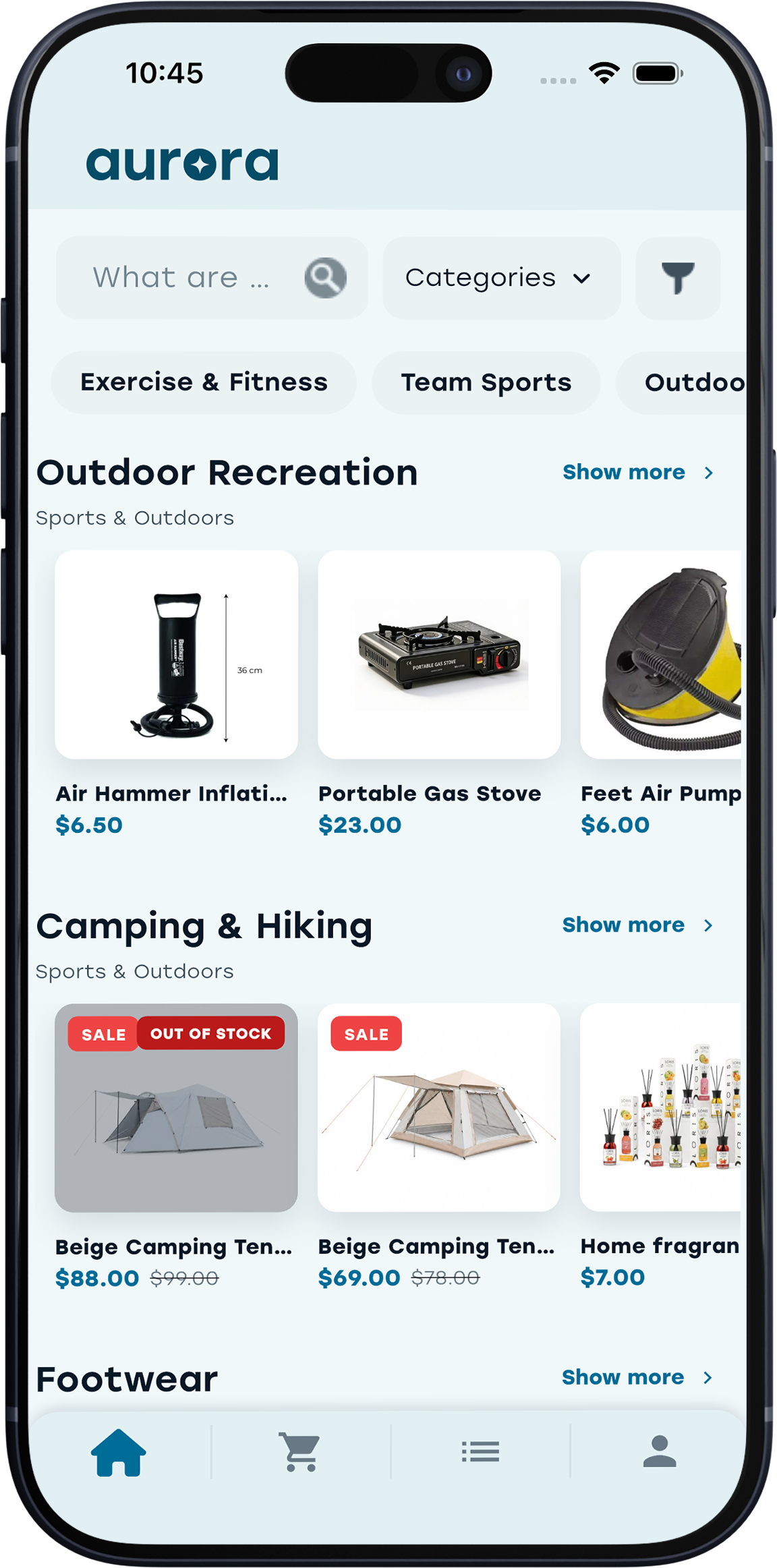Aurora Shop mobile application shown on a phone