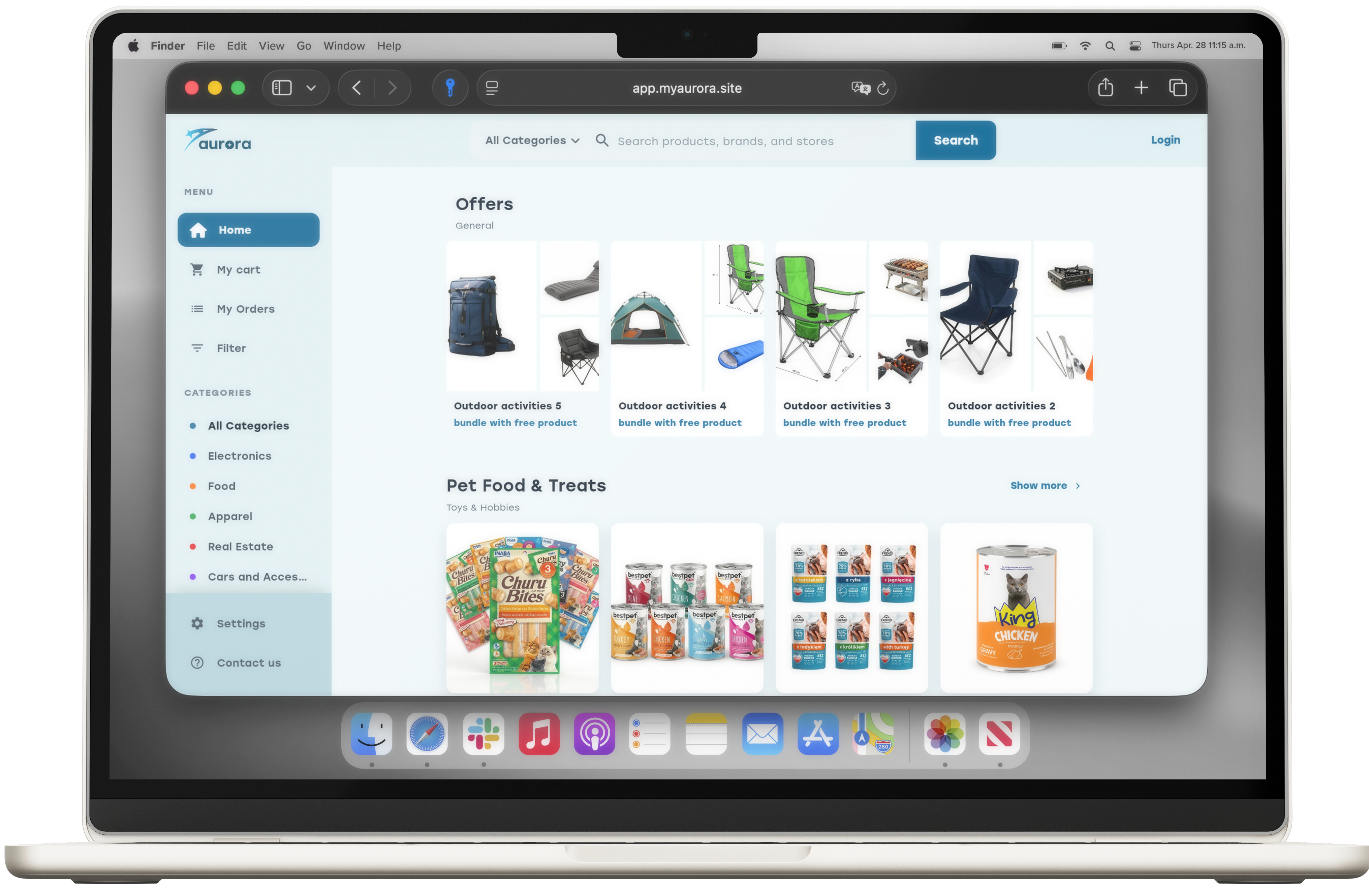 Aurora Shop browser marketplace shown on a laptop